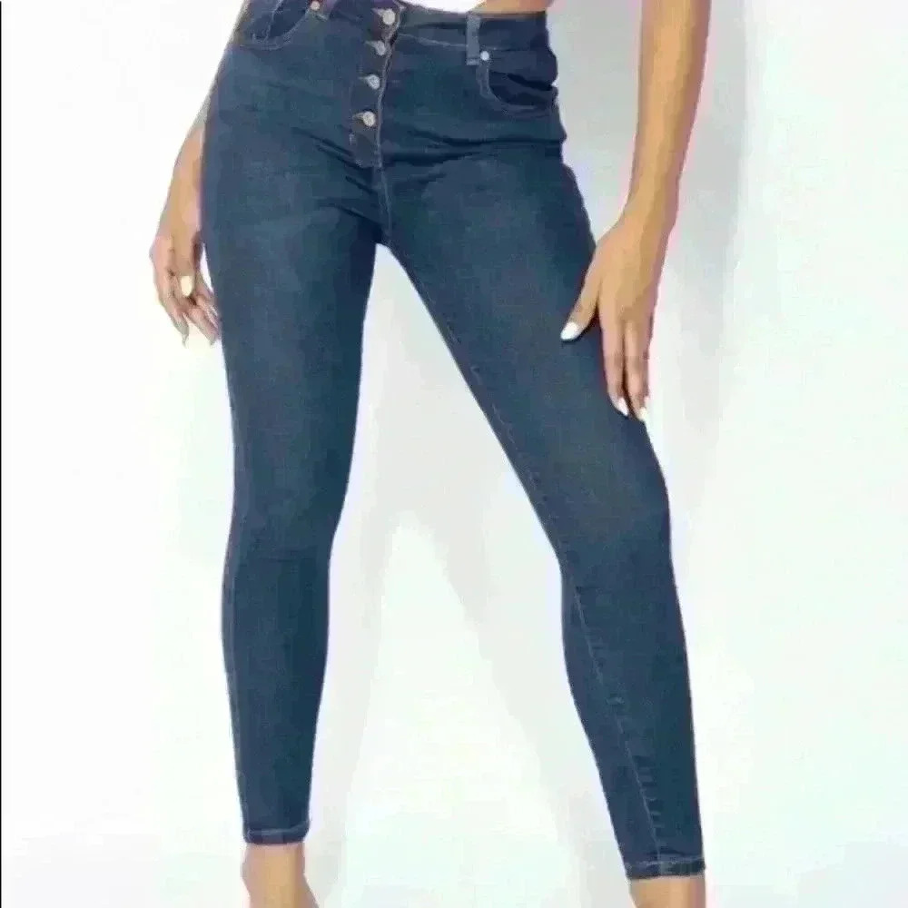 Denim Dark Blue‎ Button Up High Waisted Jeans